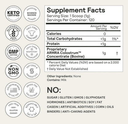 ARMRA Colostrum Powder | Unflavored| Gut Health & Bloating |Skin & Hair |Immunity | Keto, Gluten & Fat-Free |120 Servings